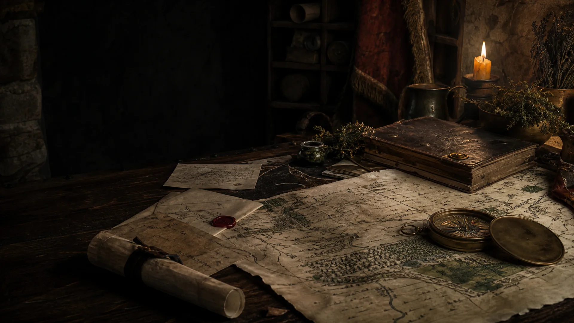 Medieval archive table with parchment map, herbs and candlelight
